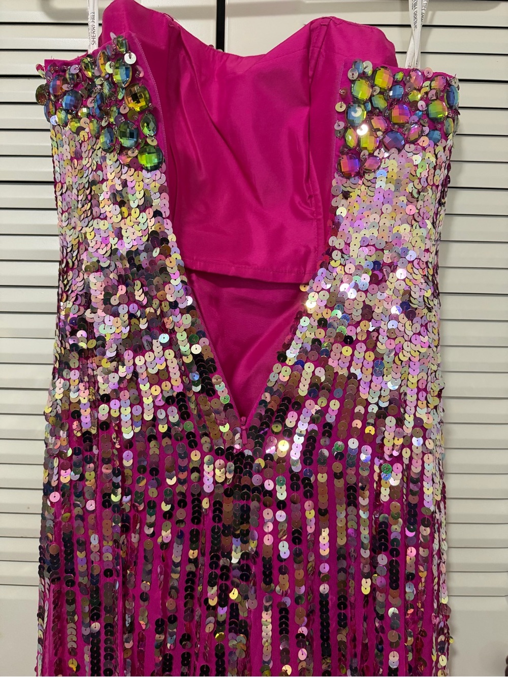 Sherri Hill Fuchsia Strapless Sequin High-Low Gown - Picture 8 of 9